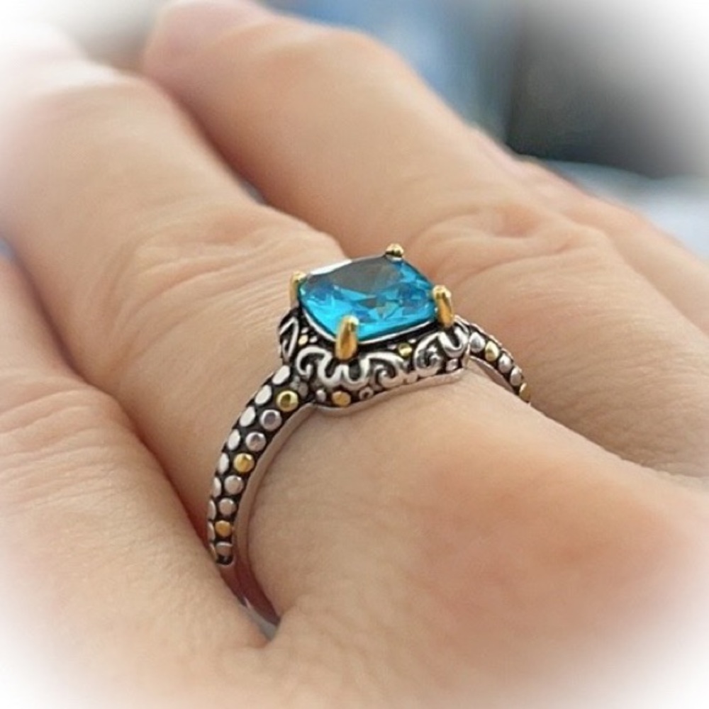 Sterling Silver Celtic Blue Topaz Cushion CZ Ring